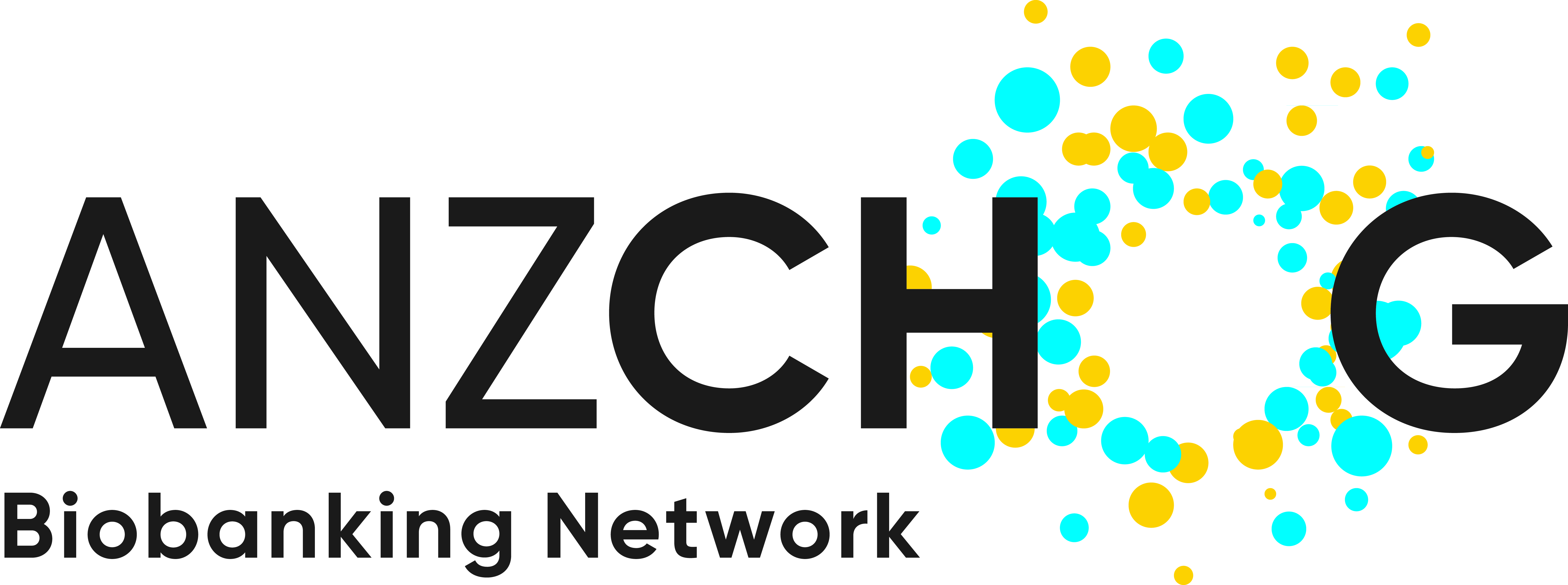 ANCHOG biobanking network logo with the acronym ANZCHOG with blue and yellow dots forming the O in the acronym above the words biobanking network