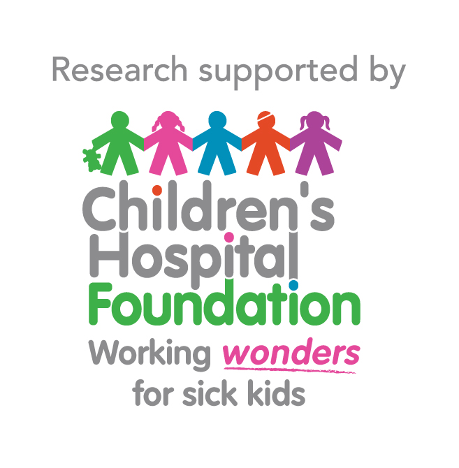 Children's Hospital Foundation logo with five paper cut cut out style children coloured green, pink, blue, orange and purple holding hands with the tagline reading Working wonders in sick kids 