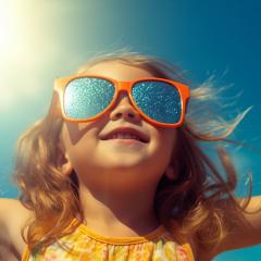 Child wearing sunglasses standing under the suns rays 